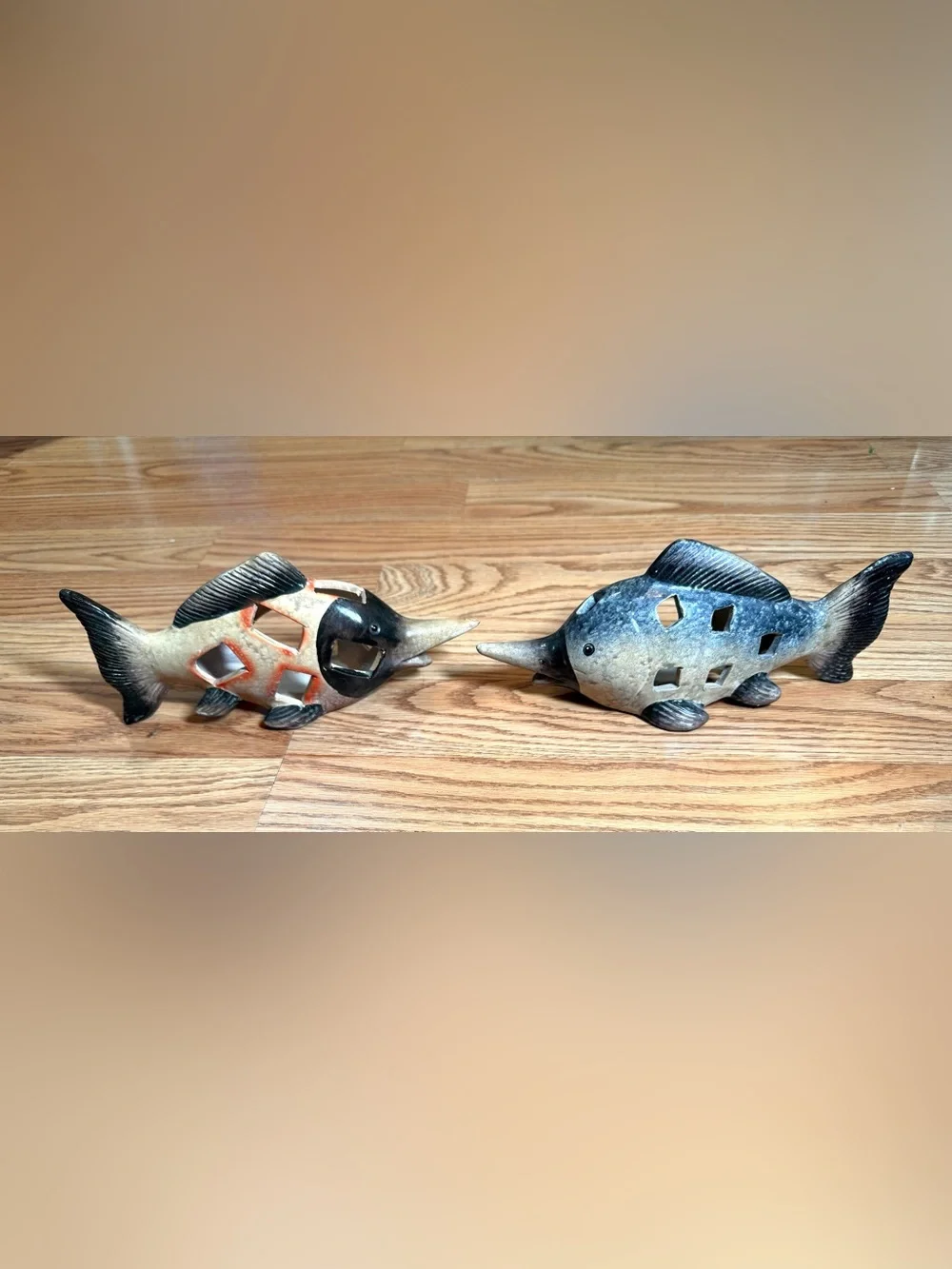 2 Vintage ceramic fish tea light candle holder luminaries Blue and Tan